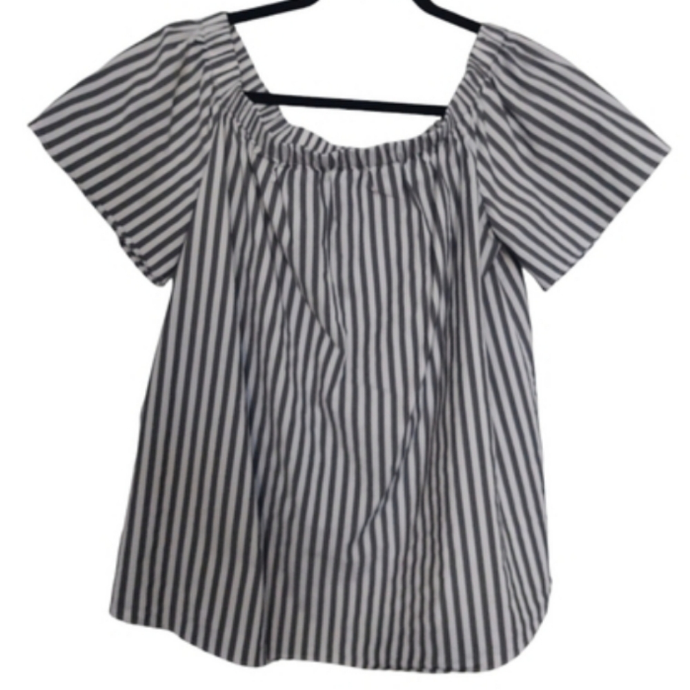 Vince Camuto Off Shoulder Grey White Vertical Striped Shirt Womans Medium